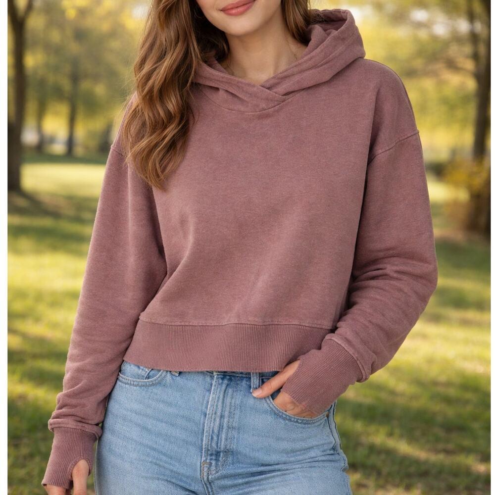 Joy Lab Womens Crop Thumbhole Hoodie Sweatshirt L Dusty Rose Earthy Granola Girl